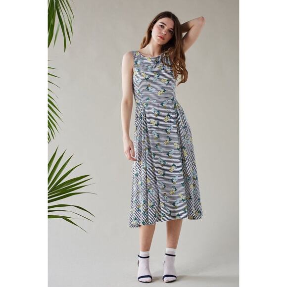 ModCloth Cuban Cocktails lemon stripe midi Dress Emily and Fin small summer S/M - Picture 1 of 11